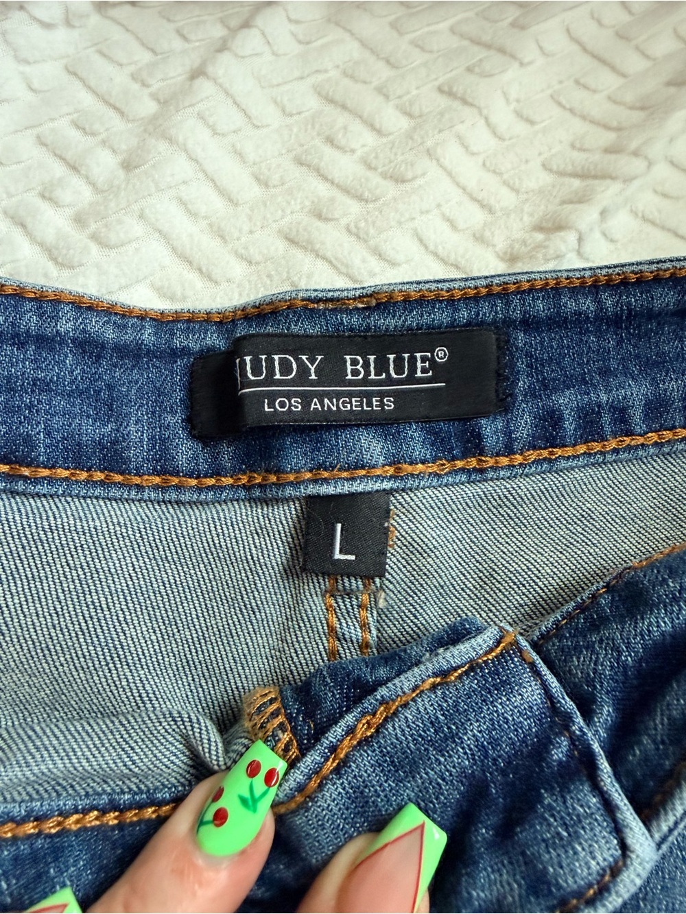 Judy Blue Medium Wash Distressed Denim Shorts with Orange Patch Details - Picture 3 of 3